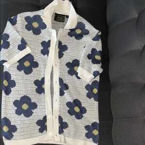 Men's White and Navy Floral Polo Shirt